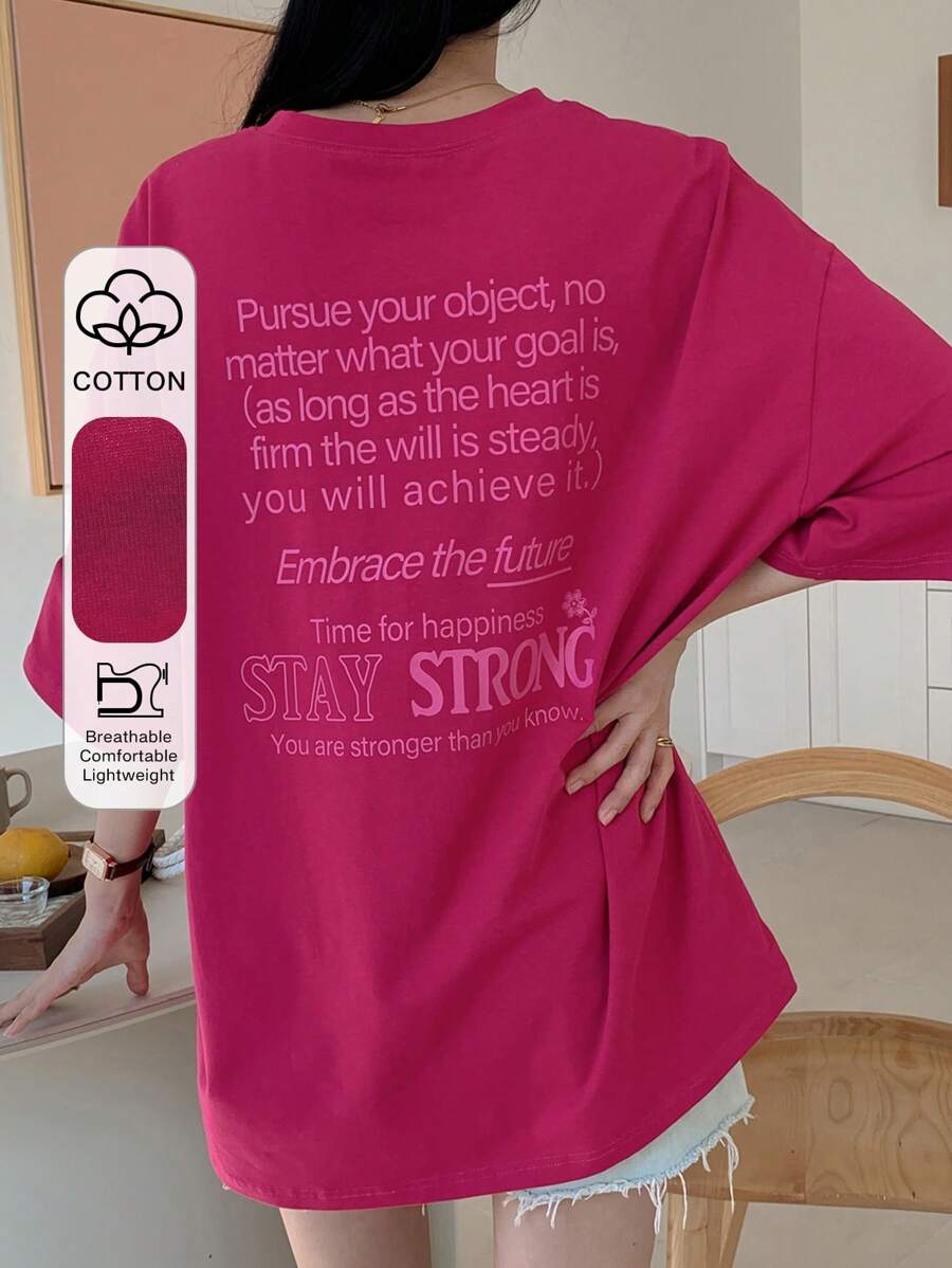 DAZY 新款字母印花宽松休闲海滩度假女士T恤，夏季超大码T恤，图案T恤 - 玫紅色 - 查看 1