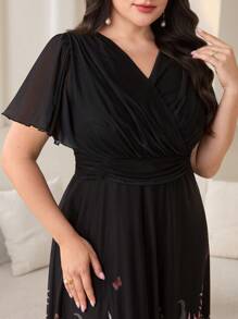 Modelyn Plus Size Women Floral Print Ruffle Sleeve Elegant Vacation Dress - Black - View 7