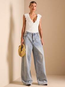 SHEIN BAE 女士蕾丝深 V 领露背性感可爱度假百搭白色紧身衣