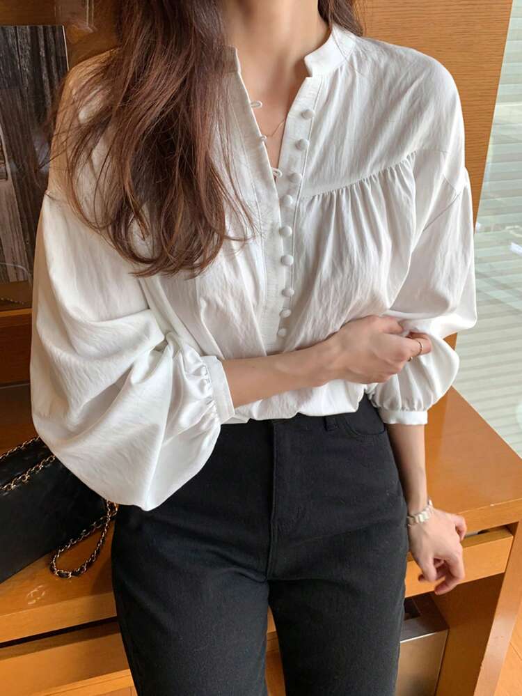 Half Button Drop Shoulder Blouse,Fall Clothes Long Sleeve Top