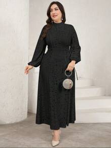 Veilorie Plus Size Elegant Solid Color Jacquard Lantern Sleeve Dress - Black - View 4