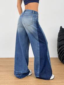 SHEIN EZwear 藍色拼接寬腿寬鬆水洗牛仔褲 - 藍色 - 查看 2