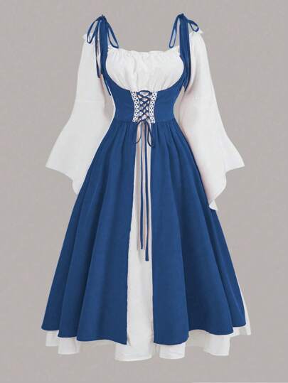 SHEIN MOOSTA 大码休闲拼色二合一抽绳A字长裙女装