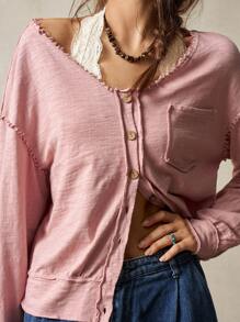 Bohemela Áo sơ mi đơn giản cổ chữ V tua rua màu trơn có túi dành cho nữ - Bụi hồng - Xem 7