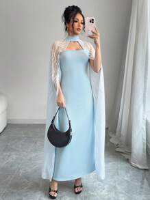 Rafferiza Đầm Maxi Ren Thanh Lịch Cho Nữ Kèm Áo Choàng, Phong Cách Kỳ Nghỉ - Màu xanh nhạt - Xem 1