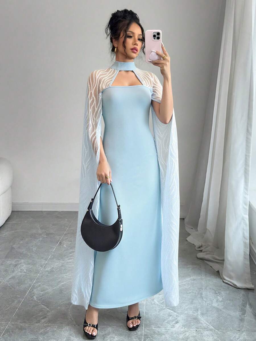 Rafferiza Đầm Maxi Ren Thanh Lịch Cho Nữ Kèm Áo Choàng, Phong Cách Kỳ Nghỉ - Màu xanh nhạt - Xem 1