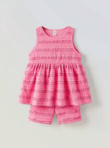 SHEIN Set de 2 piezas que incluye top tipo camisola informal con detalle de encaje y shorts para niña joven - Rosa - Ver 1