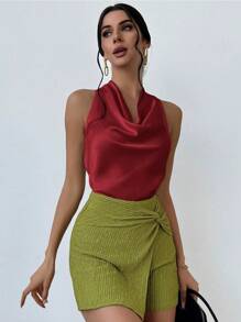 Firerie Áo sơ mi nữ thanh lịch tối giản màu mơ có dây buộc cổ - Màu Đỏ Sâu - Xem 7