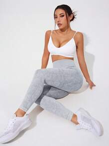 SHEIN Sports 女士高腰修身休闲运动紧身裤，适合日常穿着瑜伽裤 - 淺灰色 - 查看 3