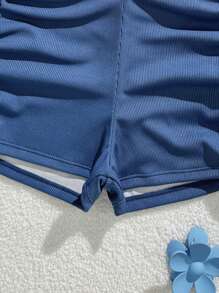 1 Set Teen Girl's Sweet Cute Solid Color Spaghetti Strap Bikini Top And Swim Trunks Swimsuit Summer Holiday