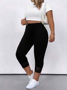 SHEIN CURVE+ Plus Size Women Knitted Elastic 7/10 Length Pants, Lace Trim Hem, Casual Plus Size Ladies Trousers