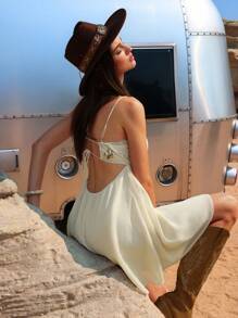 SHEIN EZwear Women Elegant Sequin Patchwork Lace-Up Backless Cami Mini Dress - Khaki - View 2