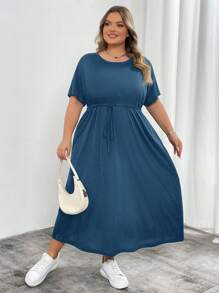 SHEIN CURVE+ 大码女式夏季时尚休闲黑色系带下摆（有口袋）长款宽松短袖连衣裙 - 霧霾藍 - 查看 6