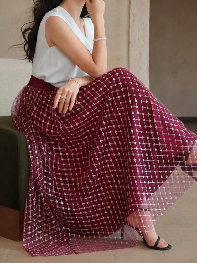 Women's Mesh & Sequin Decorative A-Line High Waist Skirt, Glittery Details