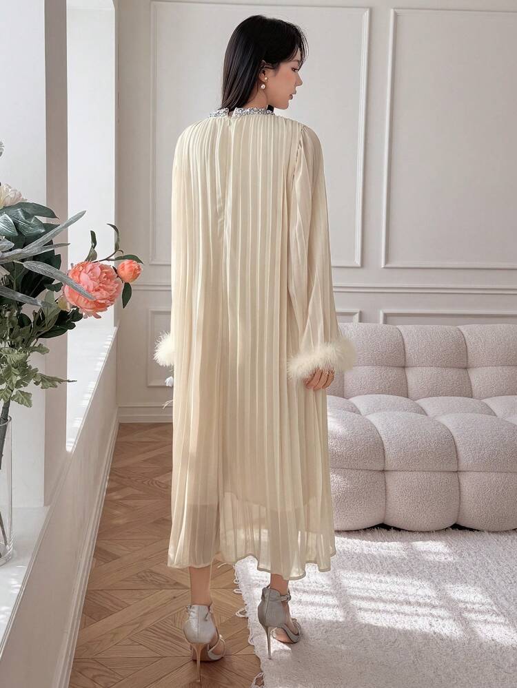 SHEIN X Hannahelzahed Fall New Arrival Loose Casual Elegant Diamond Decor Mid-Long Dress For Women Long Sleeve Dress Maxi Dress