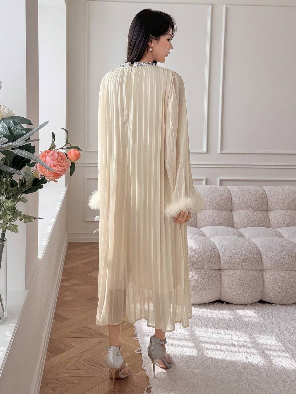 SHEIN X Hannahelzahed Fall New Arrival Loose Casual Elegant Diamond Decor Mid-Long Dress For Women Long Sleeve Dress Maxi Dress