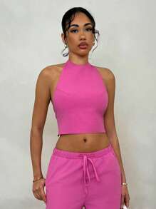 Glamine 2pcs/Set Women Summer Cotton Solid Color Halter Backless Strap Camisole & Casual Pants Outfit, Suitable For Outing, Vacation, Beach, Holiday Attire - Hot Pink - View 1
