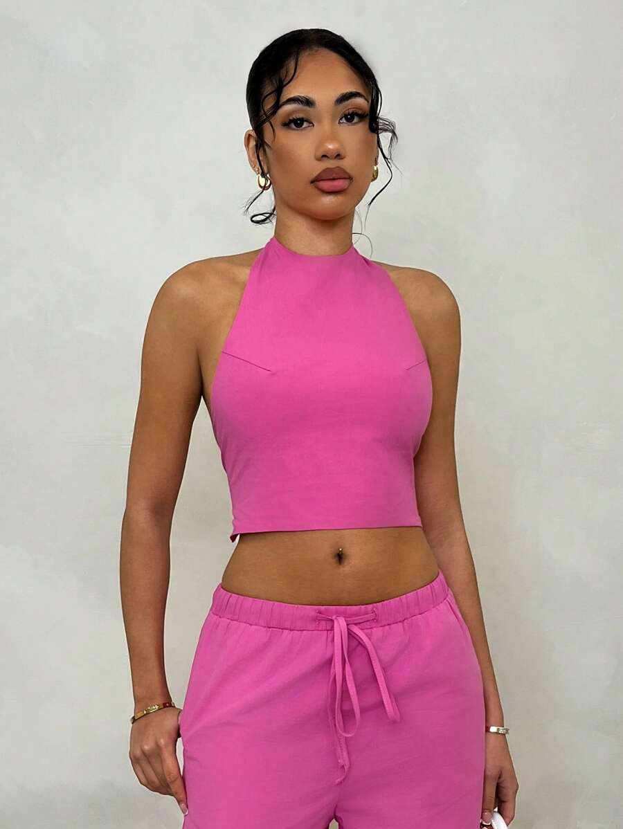 Glamine 2pcs/Set Women Summer Cotton Solid Color Halter Backless Strap Camisole & Casual Pants Outfit, Suitable For Outing, Vacation, Beach, Holiday Attire - Hot Pink - View 1