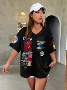 SHEIN EZwear 女士宽松纽扣式短袖衬衫棒球夹克，适合夏季 - 黑色 - 查看 6