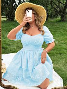 Flirla 加大码双层提花雪纺可爱泡泡袖优雅及膝茶会度假连衣裙 - 淺藍色 - 查看 1
