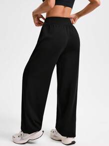 Easithlete Women's Solid Color Drawstring Waist Sports Yoga Wide Leg Pants - Black - View 2