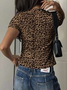 SHEIN EZwear 休闲简约可爱樱桃豹纹圆领短袖T恤女款，适合夏季 - 彩色 - 查看 2