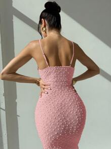 Firerie 优雅浪漫杏色细肩带荷叶边领口修身罗纹面料开衩长裙，适合婚礼季和情人节，春夏季 - 粉色 - 查看 2