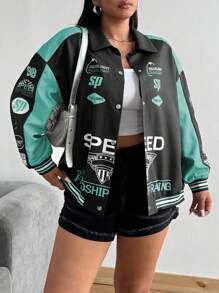 POPSWAY Plus Size Women Cool Pink Splicing Jacket - Mint Green - View 4