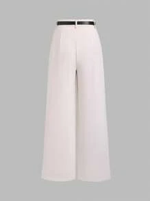 Sweetra Women's Apricot Metal Waist Belt Decor Commuting Versatile Casual Pleated Straight Leg Pants, Spring/Summer,Women Casual, Daily, Commute, Shopping Waist Design Pants