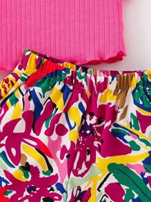 SHEIN Leap Crew 2pcs Young Girl Casual Vacation Solid Color Short Sleeve Top & Allover Print Shorts Set - Hot Pink - View 5