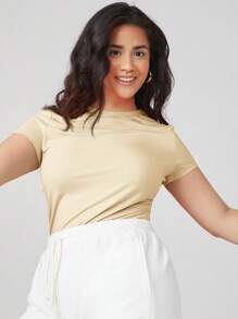 SHEIN BASICS Camiseta informal de mujer de tallas grandes, de unicolor, cuello redondo, manga corta, corte ajustado