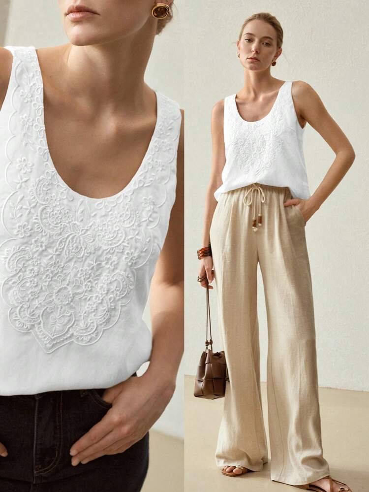LINEN CASUAL ELEGANT EMBROIDERY ROUND NECK TANK TOP, SUITABLE FOR DAILY AND HOLIDAY WEAR