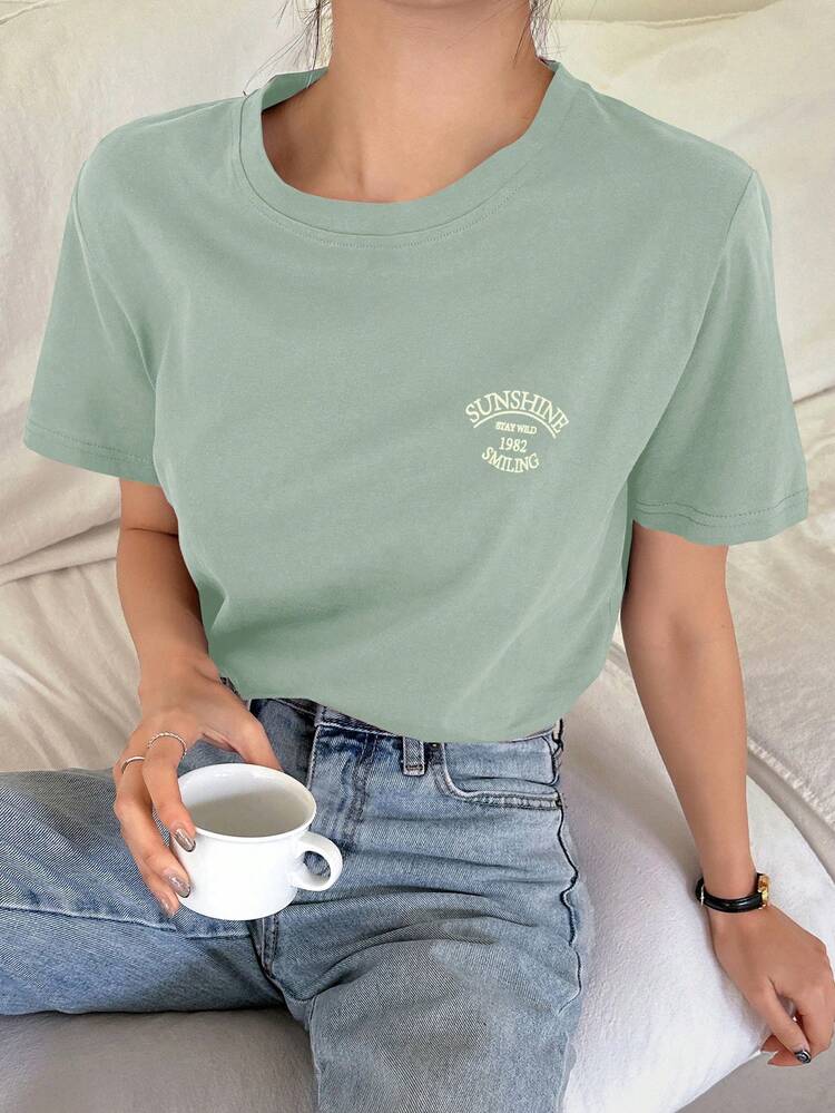Women Summer Casual Short Sleeve T-Shirt With Letter Print