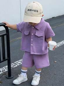 SHEIN Genkimix Kids 2pcs/Set Baby Boy/Girl Purple Collar Short Sleeve Shirt And Shorts Textured Fabric Outfit, Suitable For Baby To Wear In Summer For Playing, Vacation, Picnic, Easy To Put On And Take Off Toddler Summer Clothes Toddler Summer Boy Clothes