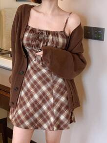 DAZY 女式休闲格纹印花细肩带中长连衣裙，夏季 - 棕色 - 查看 9