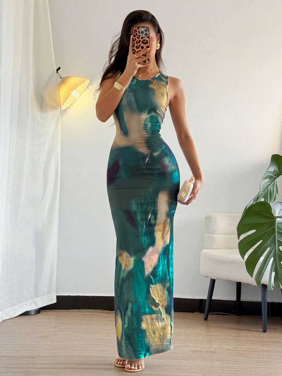 Rafferiza 女士扎染印花修身长裙，夏季，绿色长款女装 - 綠色 - 查看 1