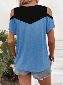 SHEIN LUNE Camiseta de bloque de color con hombros abiertos, blusas gráficas para mujer - Multicolor - Ver 2