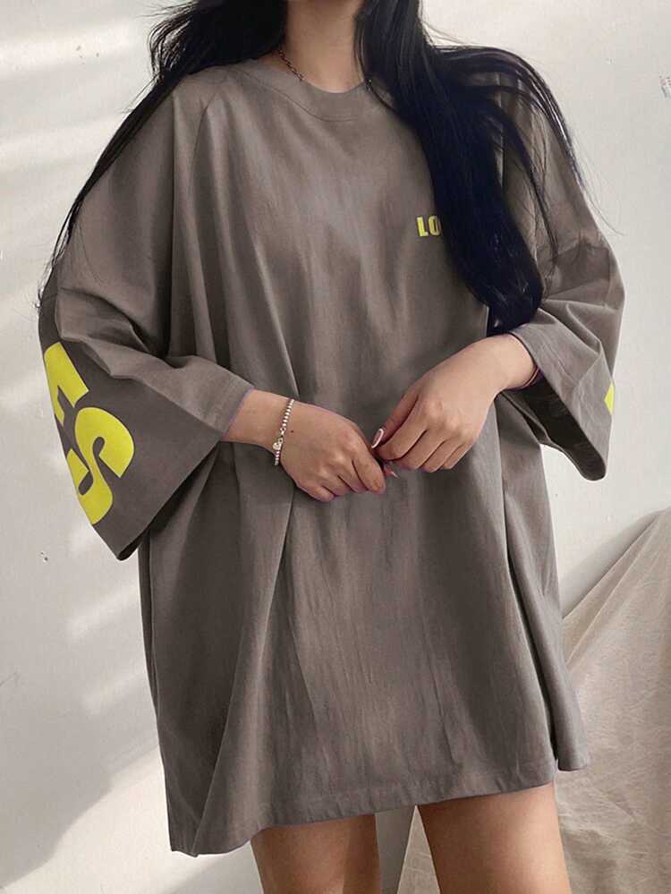 Women's Summer Letter Printed Round Neck Drop Shoulder Loose Casual T-Shirt Oversized T-Shirt