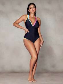 Nuvra 1pc Tummy Control Women One-Piece Swimsuit With Color Block Shoulder Straps For Summer Beach Vacation