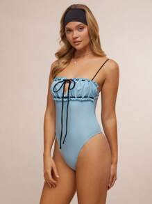 WESTFADE 西部牛仔风格夏季双色荷叶边和褶饰可爱蝴蝶结锁孔前开襟高开裆可调节肩带低背修身连体泳衣春季海滩度假 - 藍色 - 查看 3