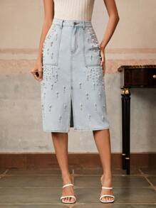 Anewsta Embellished Fitted Denim Skirt For Women, Spring/Summer - Blue - View 6