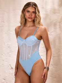 Glamine Women's Elegant Baby Blue Bodysuit With Rhinestone Mesh Corset And Spaghetti Straps - Baby Blue - View 5