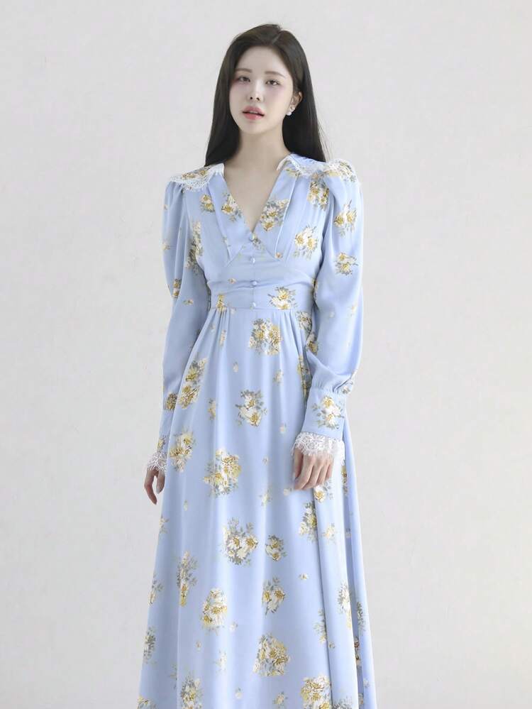 Vestido elegante de manga larga con cuello en V y encaje de contraste con estampado floral, para primavera/otoño