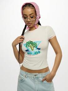 SUMWON WOMEN 夏日天堂棕榈树婴儿铃声 T 恤短款上衣海滩度假复古风格修身短袖热带美学休闲图案 T 恤 Y2K 时尚 - 彩色 - 查看 5