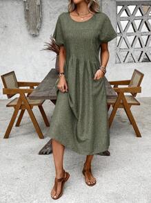 Vestido casual de media pantorrilla con doble bolsillo para mujeres de vacaciones - Verde - Ver 3