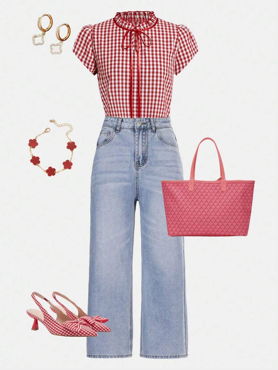 Ellevyn Women's Short Sleeve Bowknot Ruffle Plaid Checkered Elegant Casual Vacation Picnic Shirt, Spring/Summer - Red and White - View 1