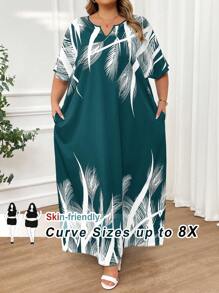 SHEIN CURVE+ Spring And Summer Autumn And Winter Elegant Navy Blue Woven Notched Kaftan Dress Plus Size Dresses - Green - View 10