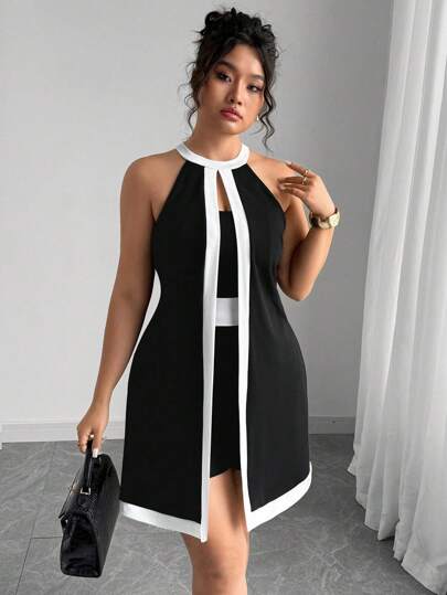 Elenzga Plus Size High-End Elegant Contrast Color 2 In 1 One-Piece Jumpsuit