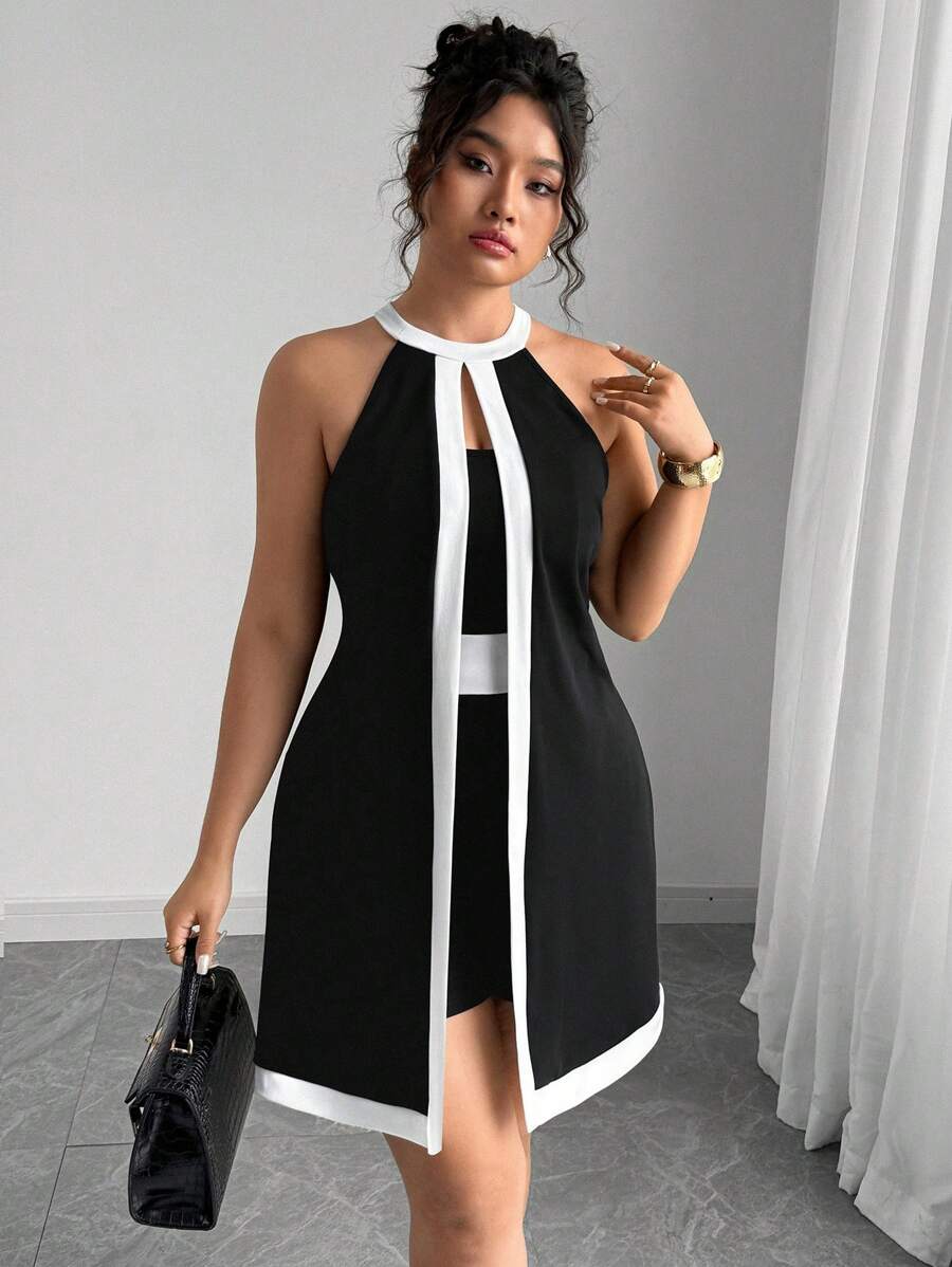 Elenzga Mono de una pieza de alta gama elegante con contraste de colores en talla grande - Blanco y Negro - Ver 1
