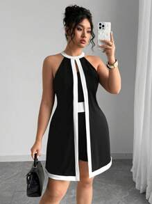 Elenzga Mono de una pieza de alta gama elegante con contraste de colores en talla grande - Blanco y Negro - Ver 3